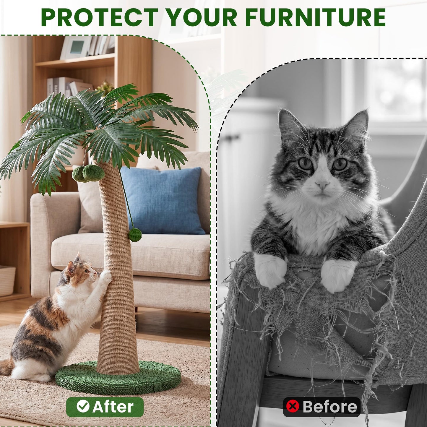 Cat scratching post with hanging plush ball toys and coconut decorations