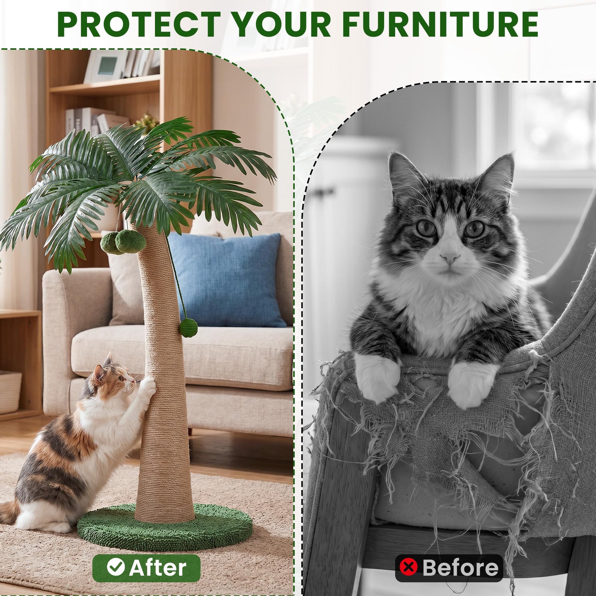 Cat scratching post with hanging plush ball toys and coconut decorations