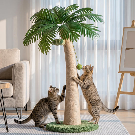 Cat stretching to scratch on the tall sisal scratching post