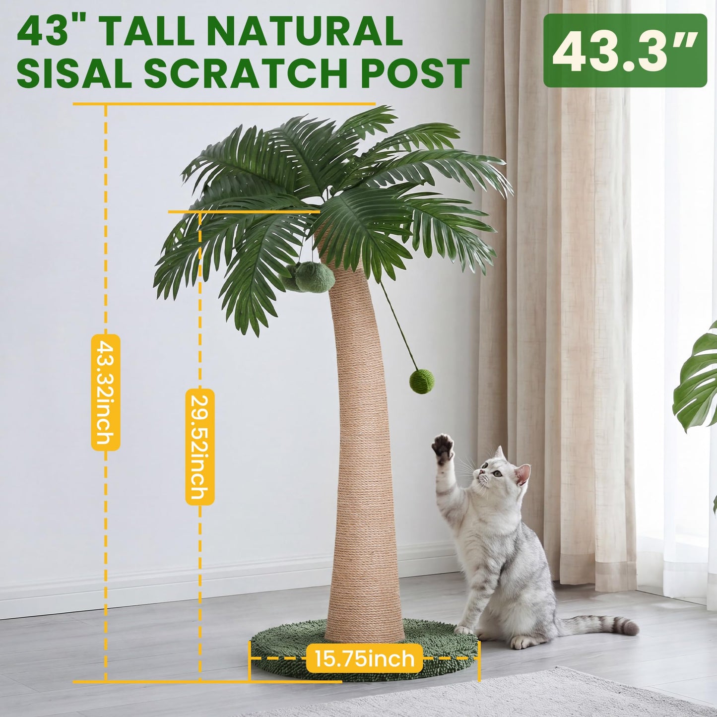 Tropical palm tree style cat scratching post in a living room setting