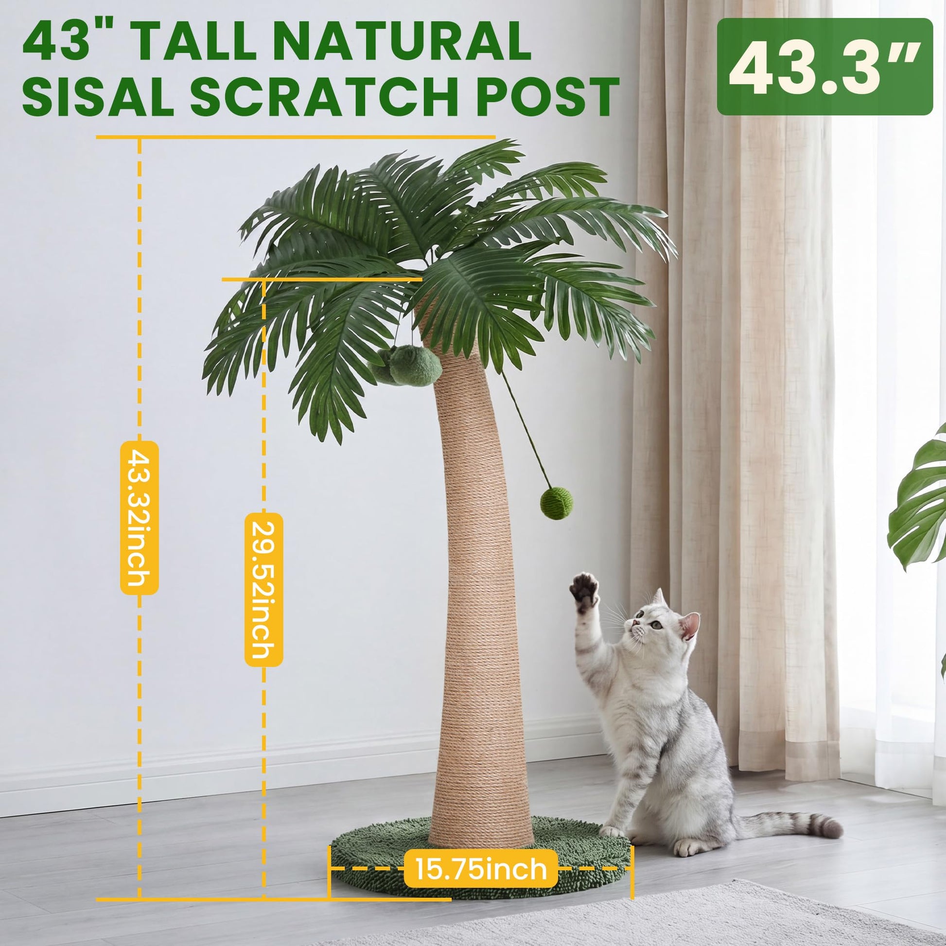 Tropical palm tree style cat scratching post in a living room setting
